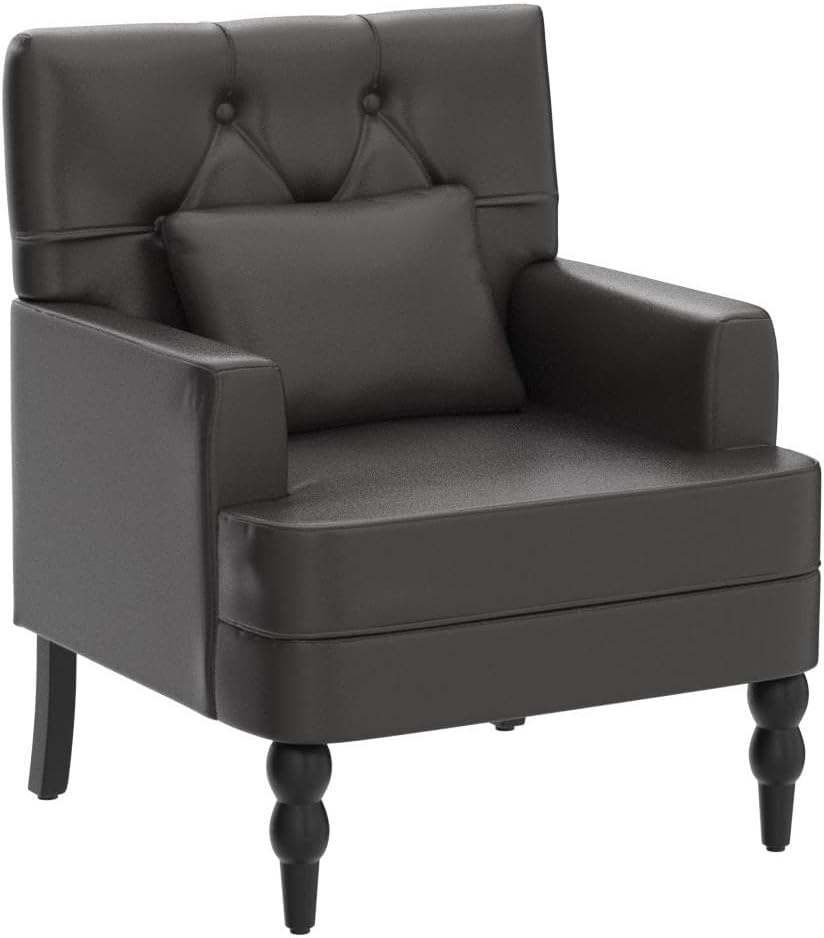 PULiving Silla de club de cuero, silla decorativa con almohada lumbar, sillón