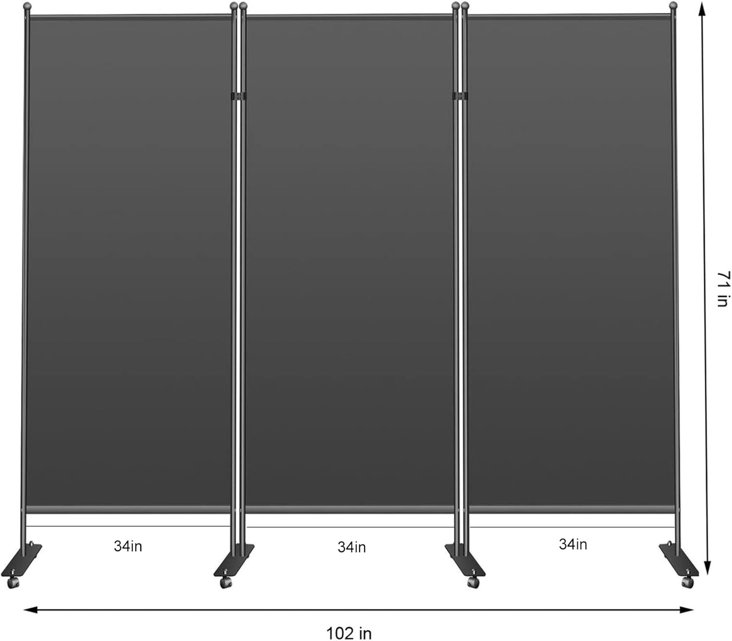 Divisor de habitación con ruedas de 3 paneles, 102 pulgadas de ancho x 71