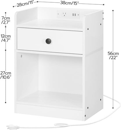 HOOBRO Mesita de noche con estación de carga, mesa auxiliar con cajón y estante...