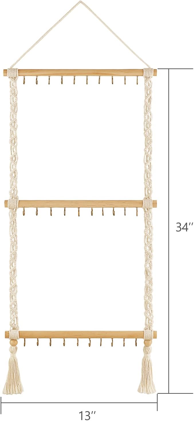 Dahey Organizador de joyas colgante de macramé con 30 ganchos montado en la