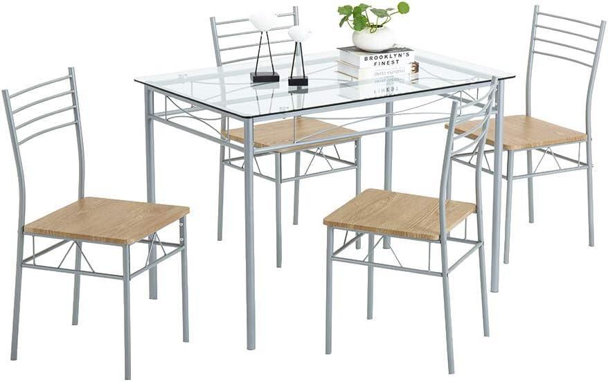 Juego de mesa de comedor de 5 piezas con 1 mesa de comedor de cristal y 4