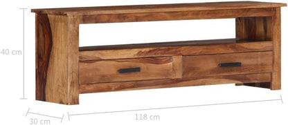 Mueble de TV de madera maciza Sheesham rústico, resistente, 2 cajones,