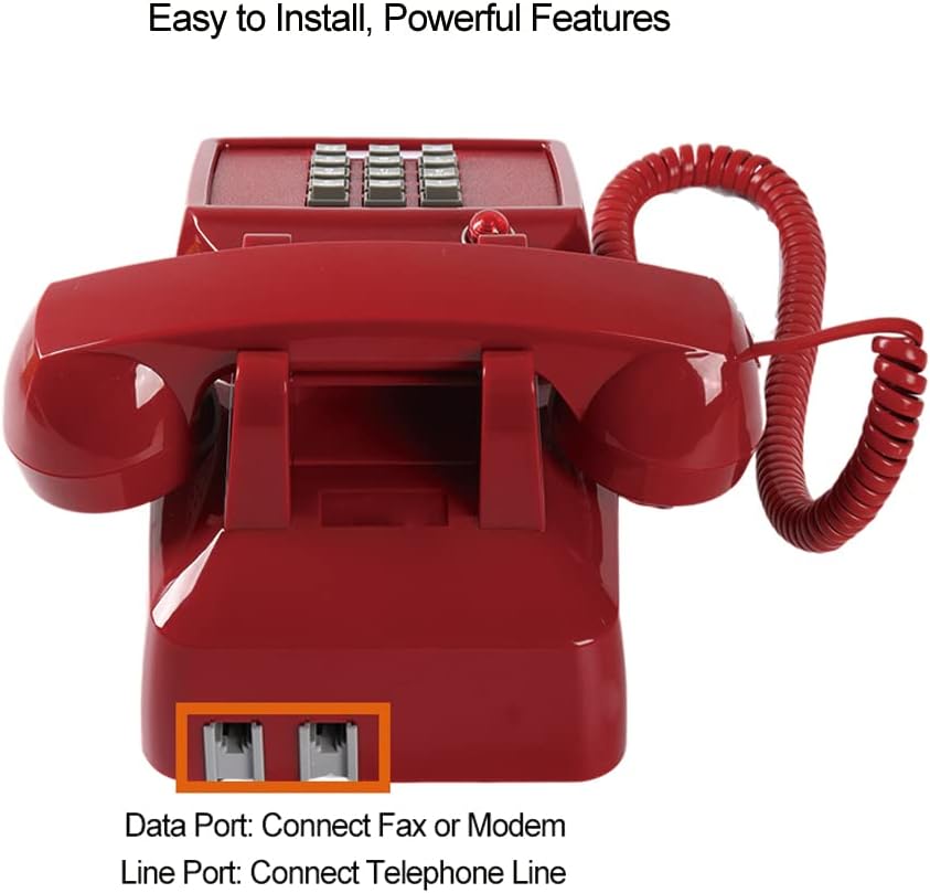 Teléfono fijo rojo tradicional, teléfono con cable retro con indicador de...