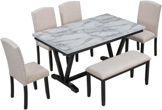 TJLSS Mesa de comedor de 6 piezas 4 sillas 1 taburete contemporáneo de chapa de