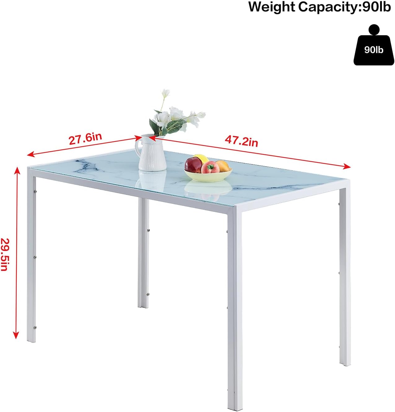 Mesa de comedor de vidrio templado de 47 pulgadas, moderna mesa rectangular de