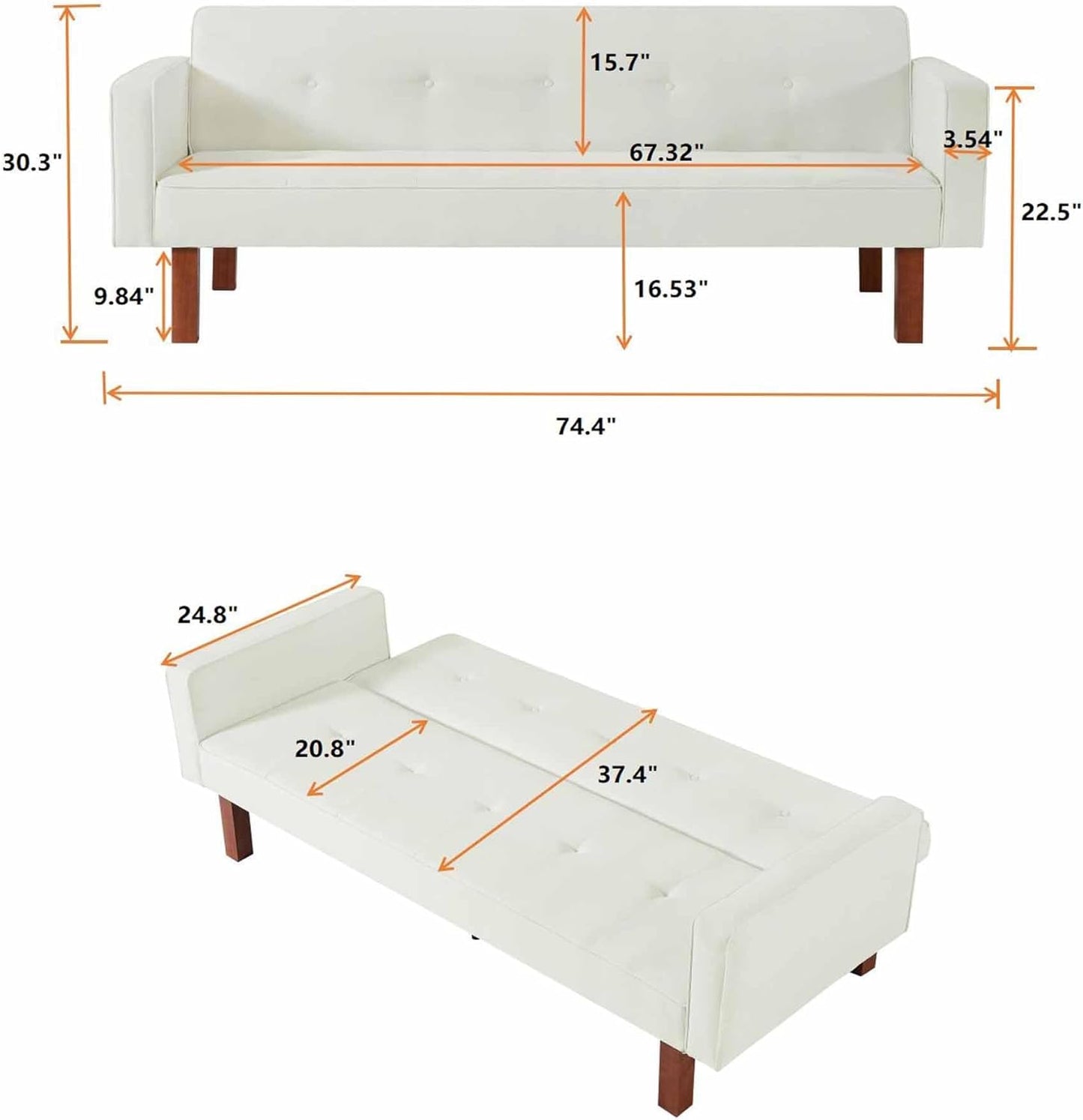 Sofá cama tipo futón moderno de 75 pulgadas, sofá biplaza convertible con patas