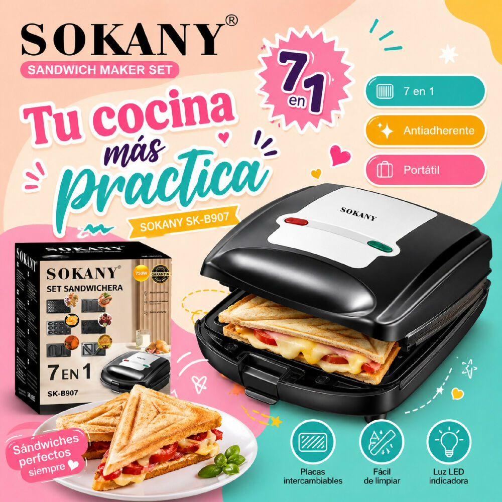 Sandwichera Multifuncional Electrica 7 En 1 Sokany Antiadherente Y Portatil
