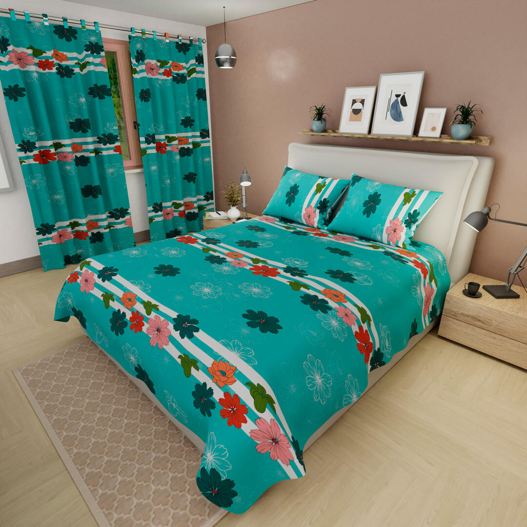 Juego de Sábanas con Cortinas Flores en Fondo Aguamarina Ultra Suave 1.60 X 1.90
