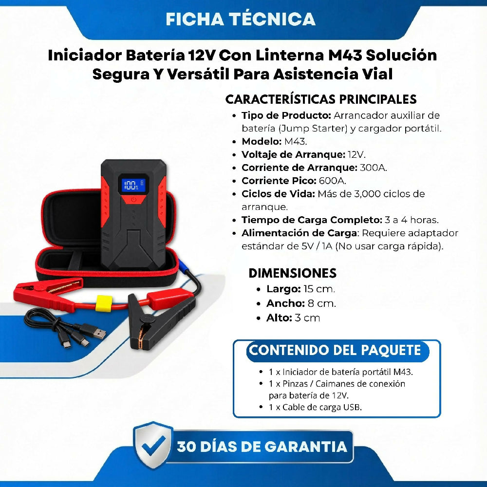 Iniciador Batería 12V Con Linterna M43 Solución Segura Y Versátil Para Asistencia Vial