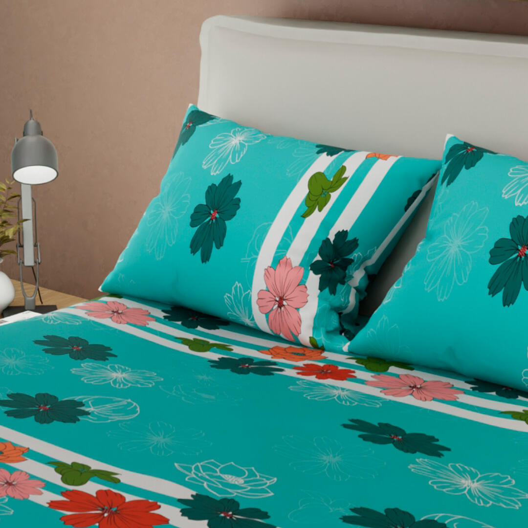 Juego de Sábanas con Cortinas Flores en Fondo Aguamarina Ultra Suave 1.60 X 1.90