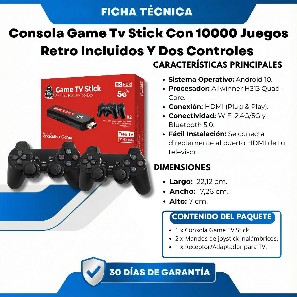 Consola Game Tv Stick Con 10000 Juegos Retro Incluidos Y Dos Controles Inalámbricos Para Televisor