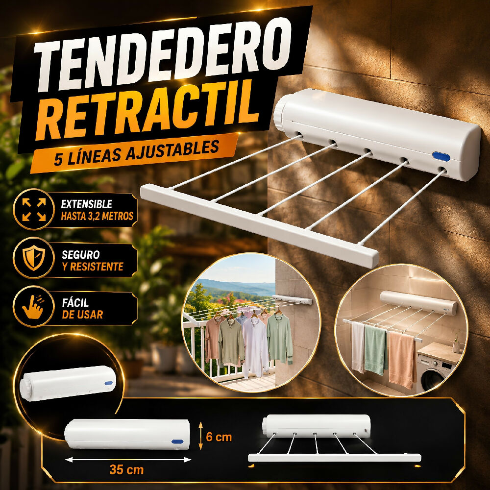 Colgador Tendedor De Ropa De Pared Con 5 Cuerdas Extensibles Hasta 3.2 Metros
