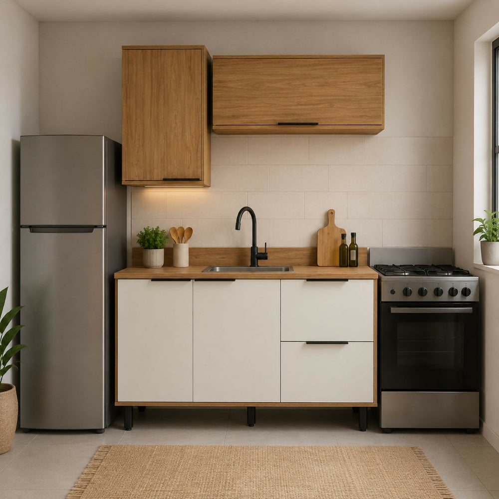 Cocina 120 cm Tahití 4 Puertas 2 Cajones - Natural/Blanco Apagado