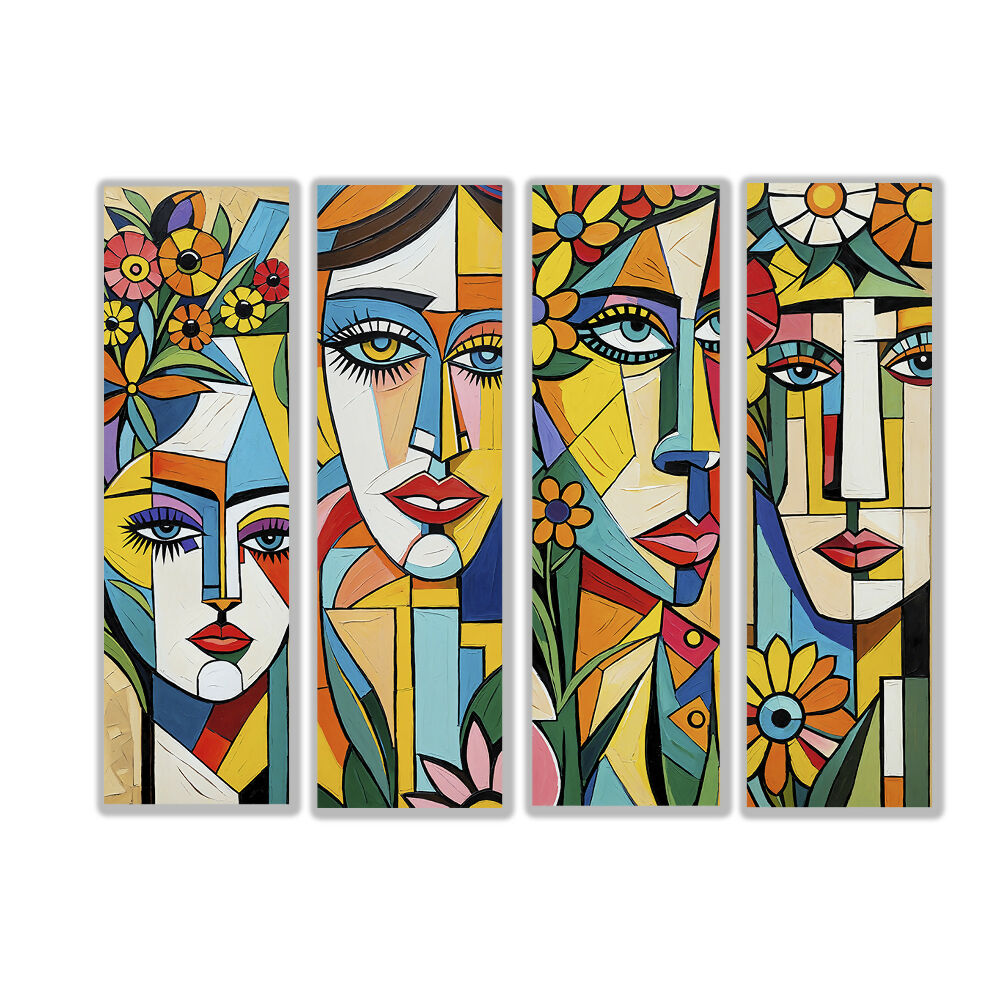 Lienzos Cuadros Rostros en Armonía Estilo Cubista Set X 4 de 60x18CM