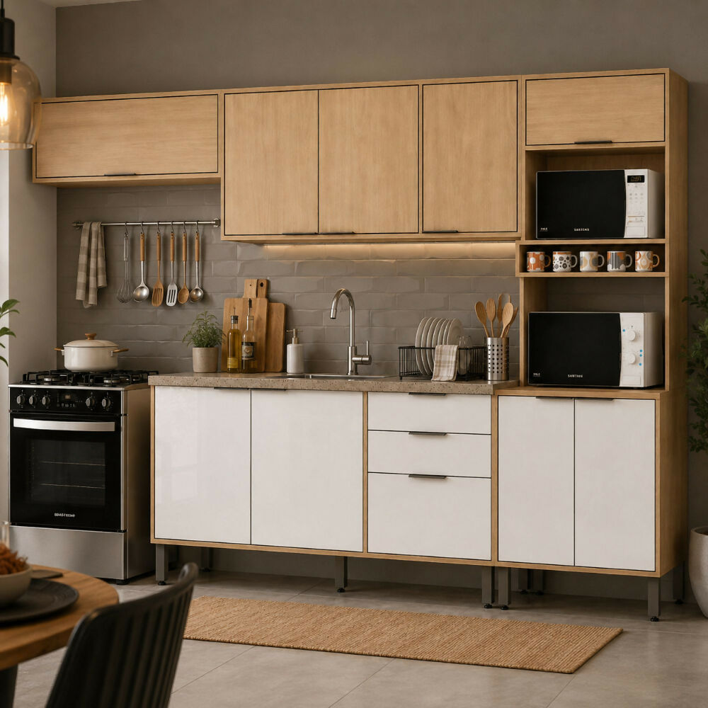 Cocina 270 cm Elba 11 Puertas 2 Cajones - Almendra/Blanco Apagado