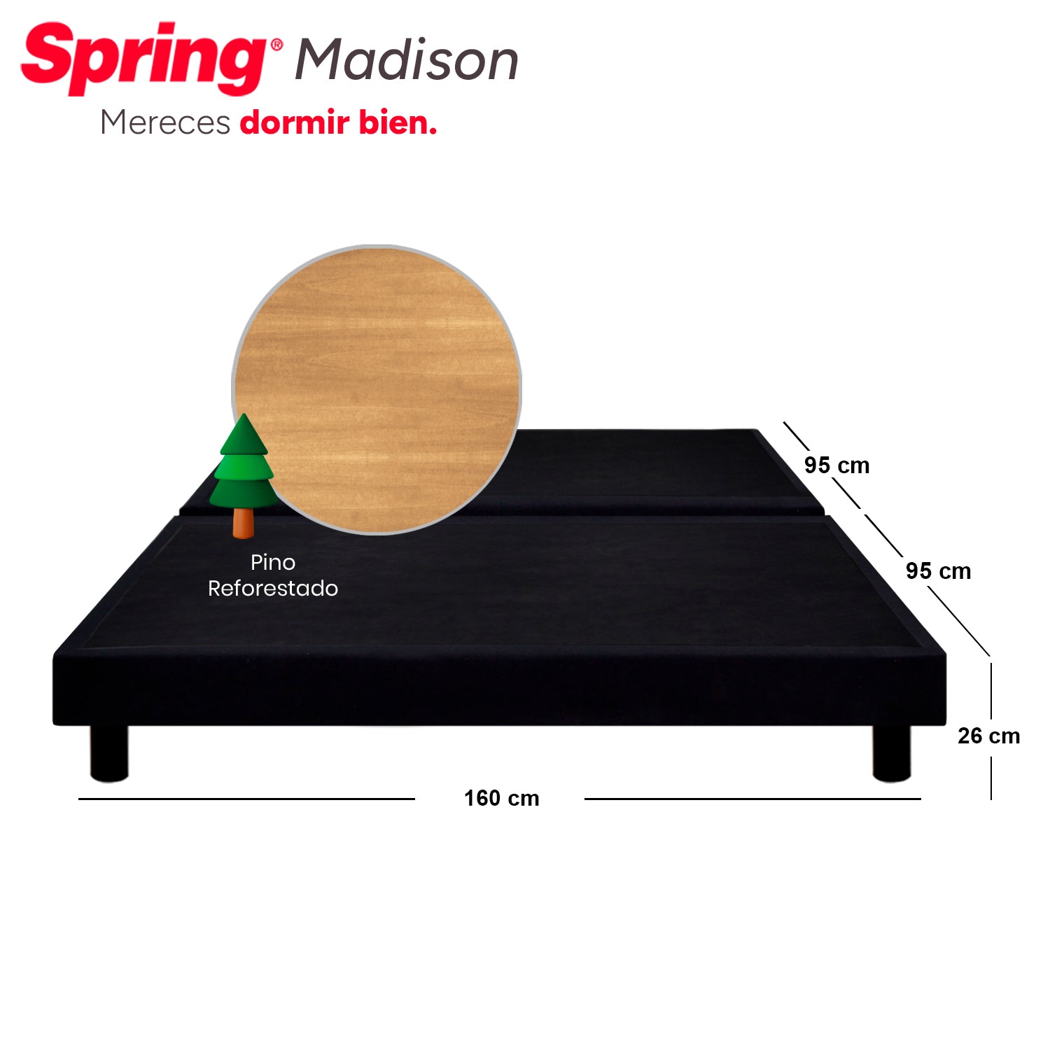 Combo Colchón Spring Smart Queen 160X190 Cm + Base Cama Negra Dividida + Almohadas + Protector