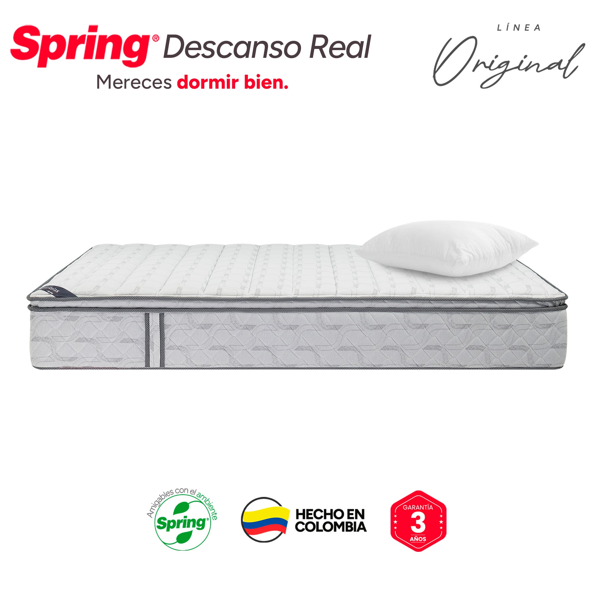 Colchón Spring Descanso Real Semidoble 120X190 Cm + Set Almohada Siliconada