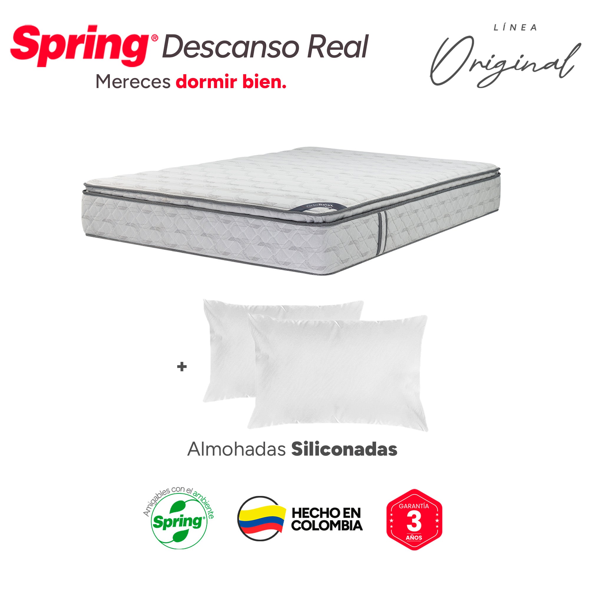 Colchón Spring Descanso Real Doble 140X190 Cm + + Set Almohadas Siliconadas