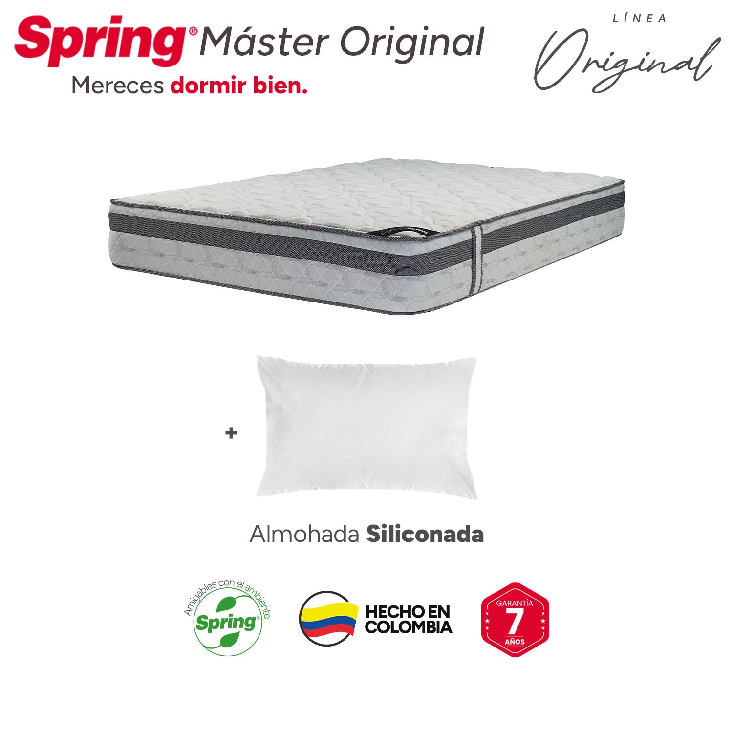 Combo Colchón Spring  Master Original Doble 140X190 Cm +  Set Almohada Siliconada