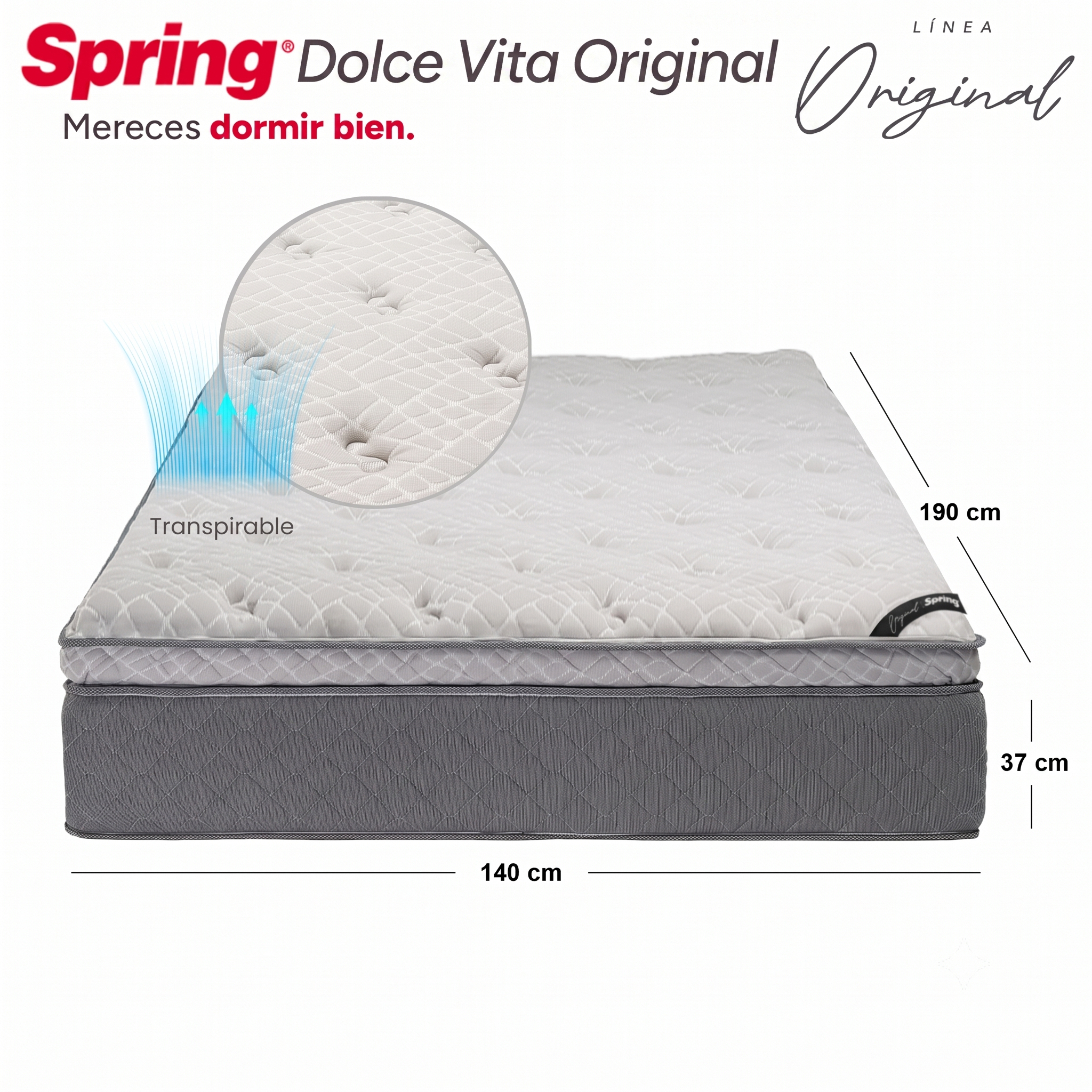 Colchón Spring Dolce Vita Doble 140X190 Cm + Set Almohadas Siliconadas + Protector