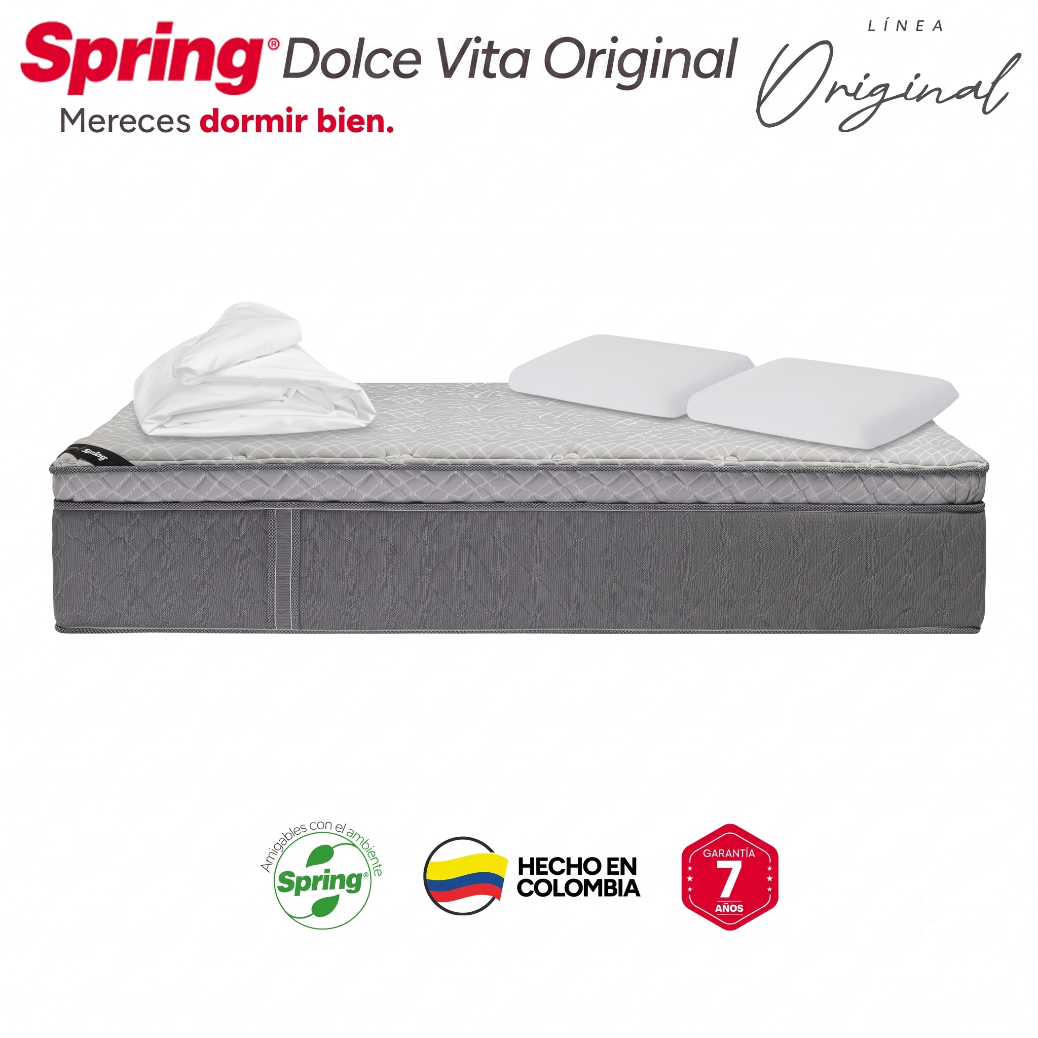 Colchón Spring  Dolce Vita Queen 160X190 Cm + Set Almohadas Siliconadas + Protector