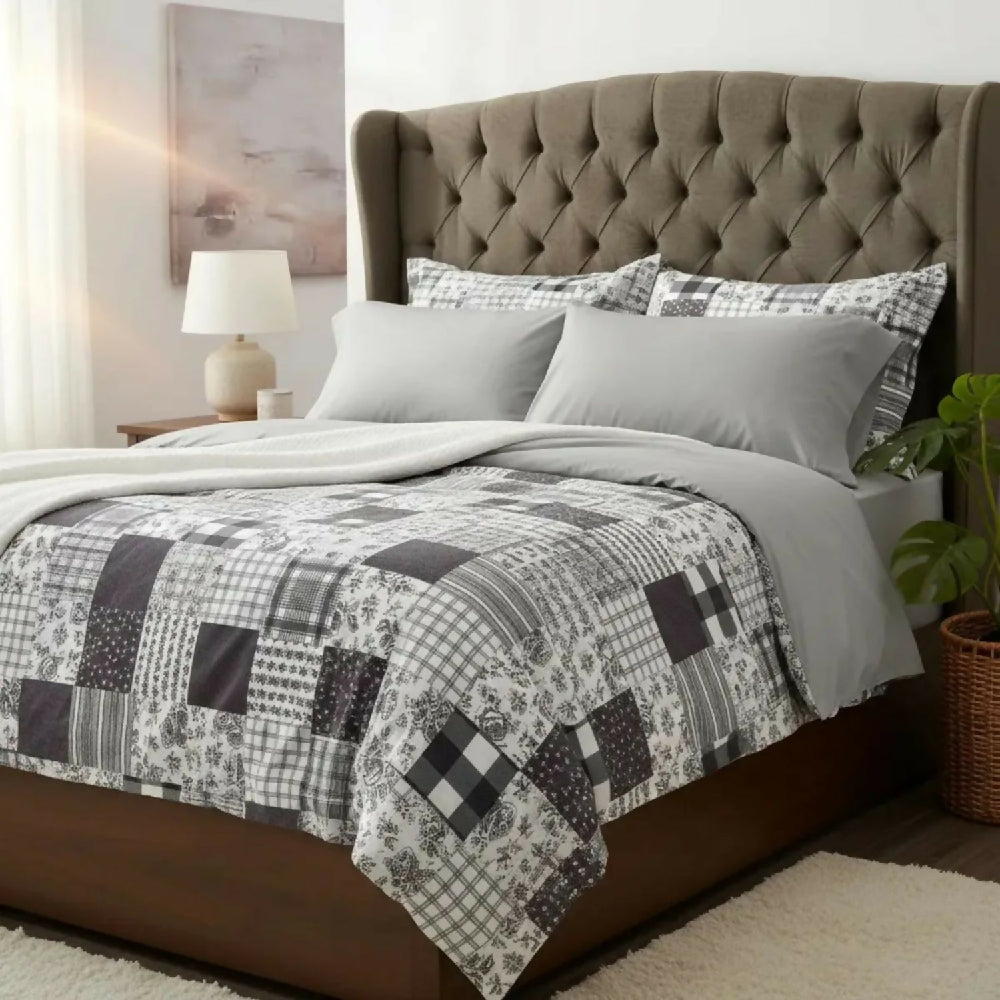 Juego de Sábanas Cama Queen 300 Hilos 100% Algodón Patchwork Gris Suave