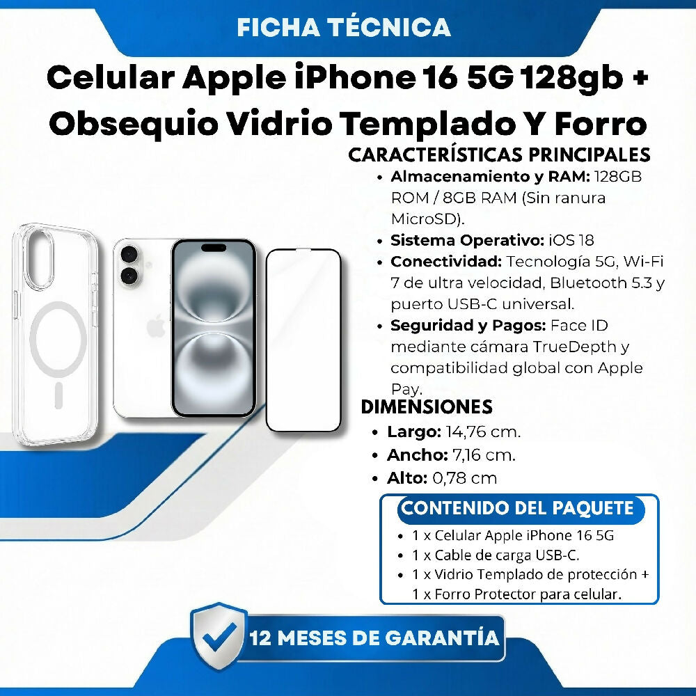 Celular Apple IPhone 16 5G 128gb 8gb RAM + Obsequio Vidrio Templado Y Forro Blanco