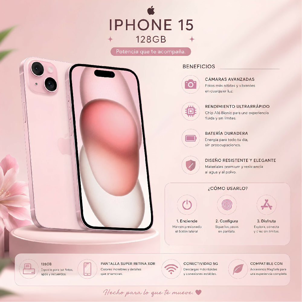 Celular Apple IPhone 15 128gb + Obsequio Vidrio Templado Y Forro Protector Rosado