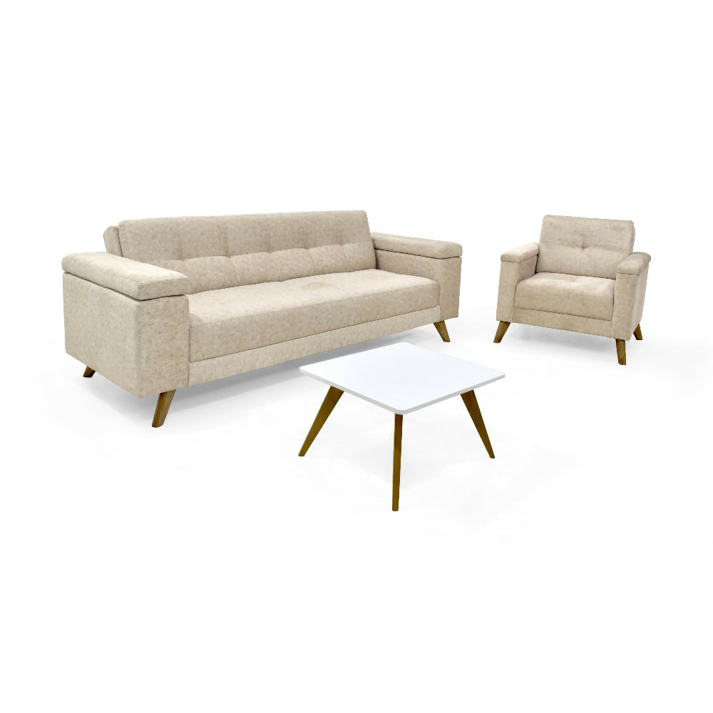 Set de sala con Sofa Cama Moretto Poltrona Carter Tela Beige mas mesa de Centro Nova