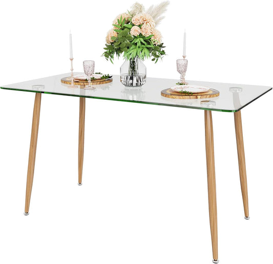 Tangkula Mesa de comedor de cristal, mesa rectangular moderna con mesa de...