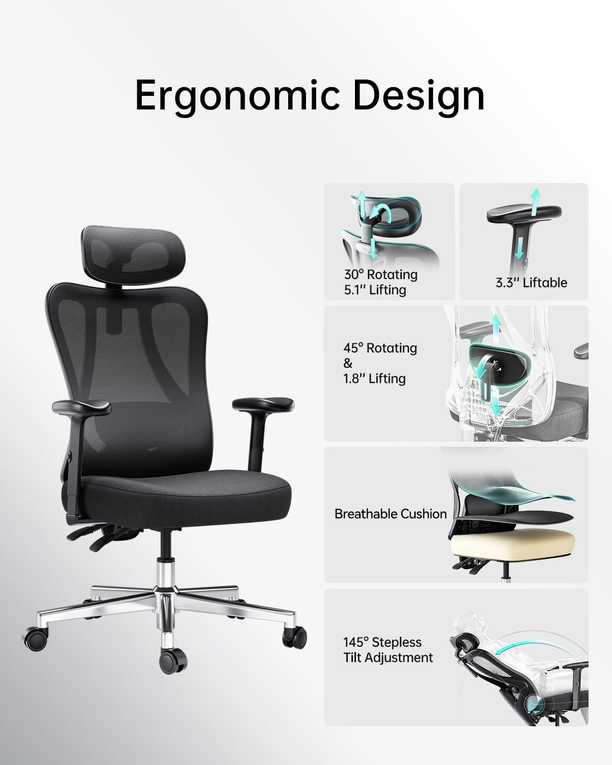 Hbada P3 Silla de oficina ergonómica con soporte lumbar ajustable 2D, silla de...