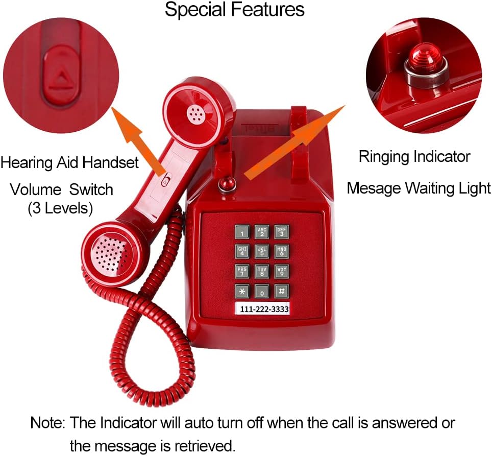 Teléfono fijo rojo tradicional, teléfono con cable retro con indicador de...