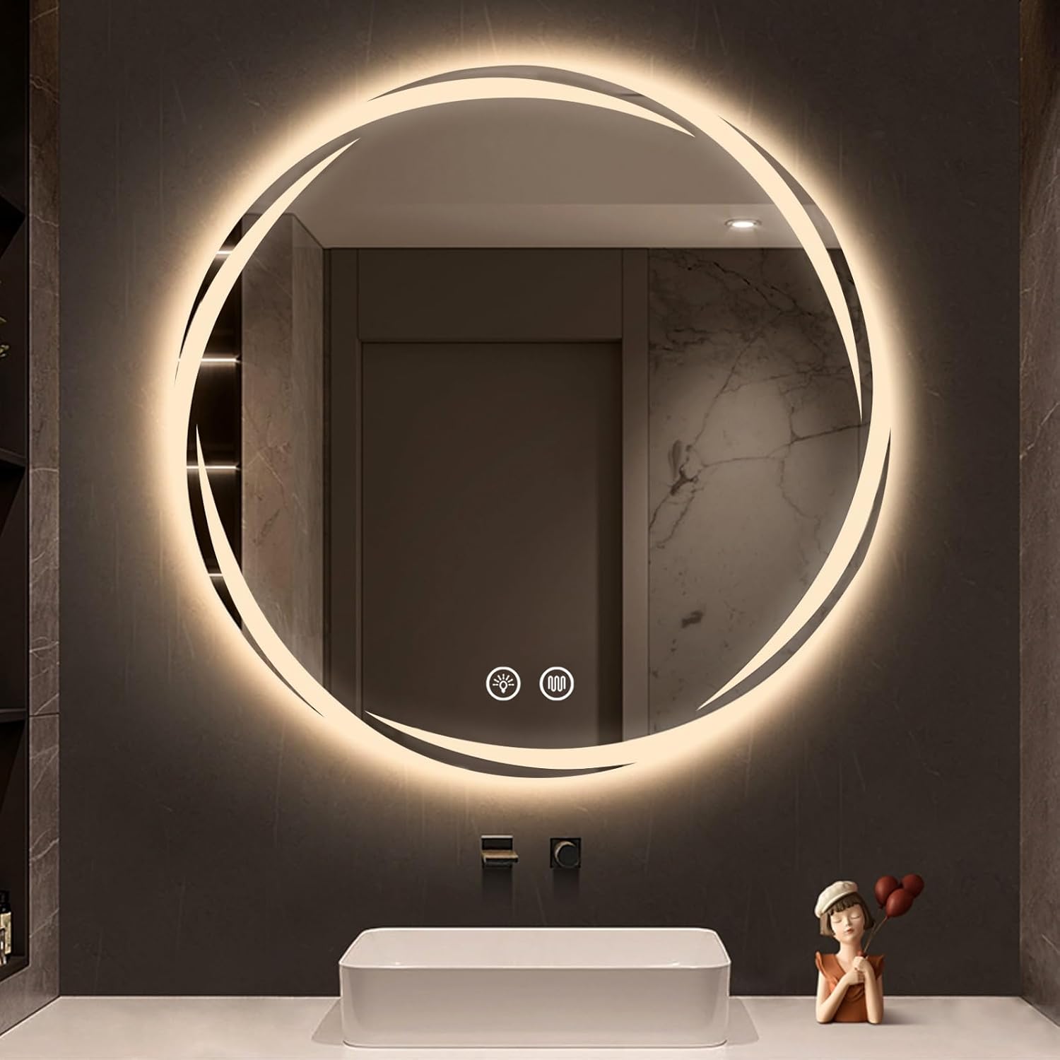 DELURA Espejo de baño con luz LED, espejo redondo de baño de 3 colores, luz...