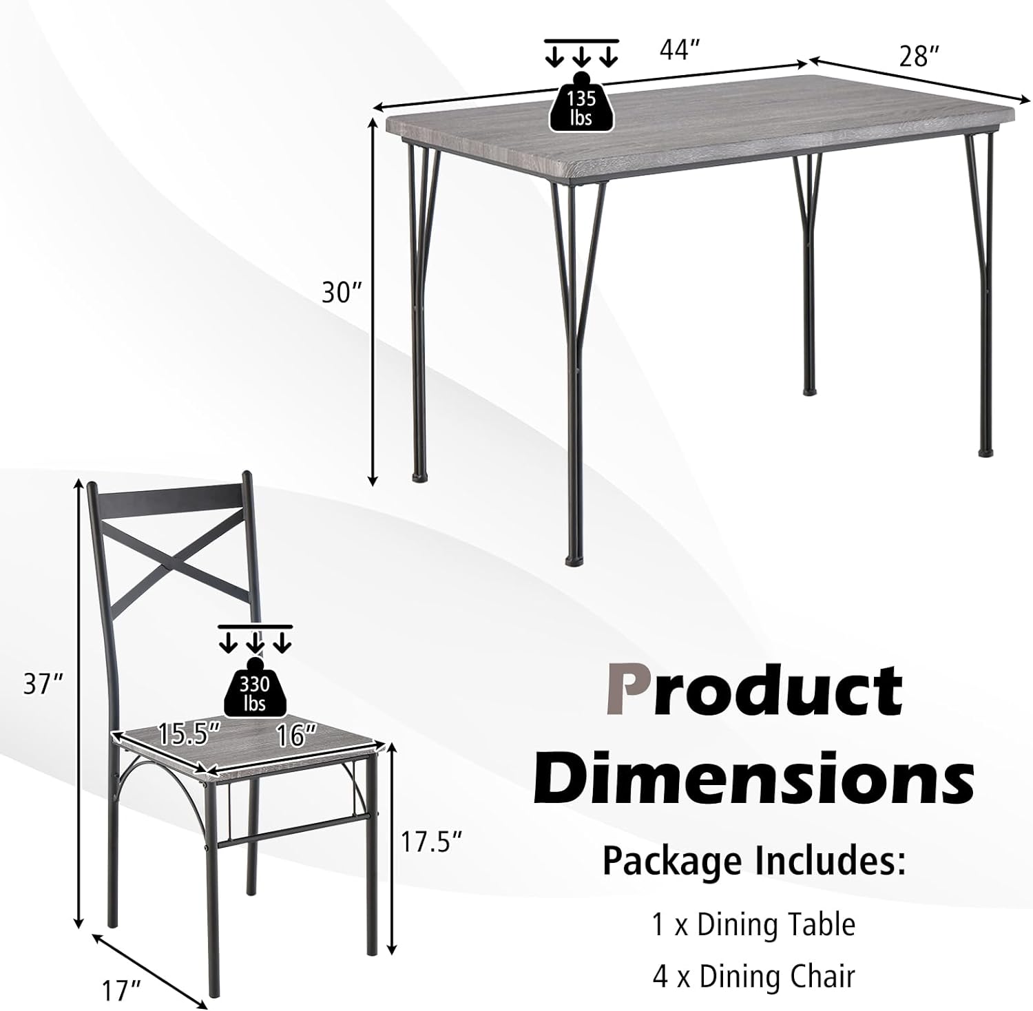 Juego de mesa de comedor de 5 piezas, moderna mesa de comedor rectangular y 4