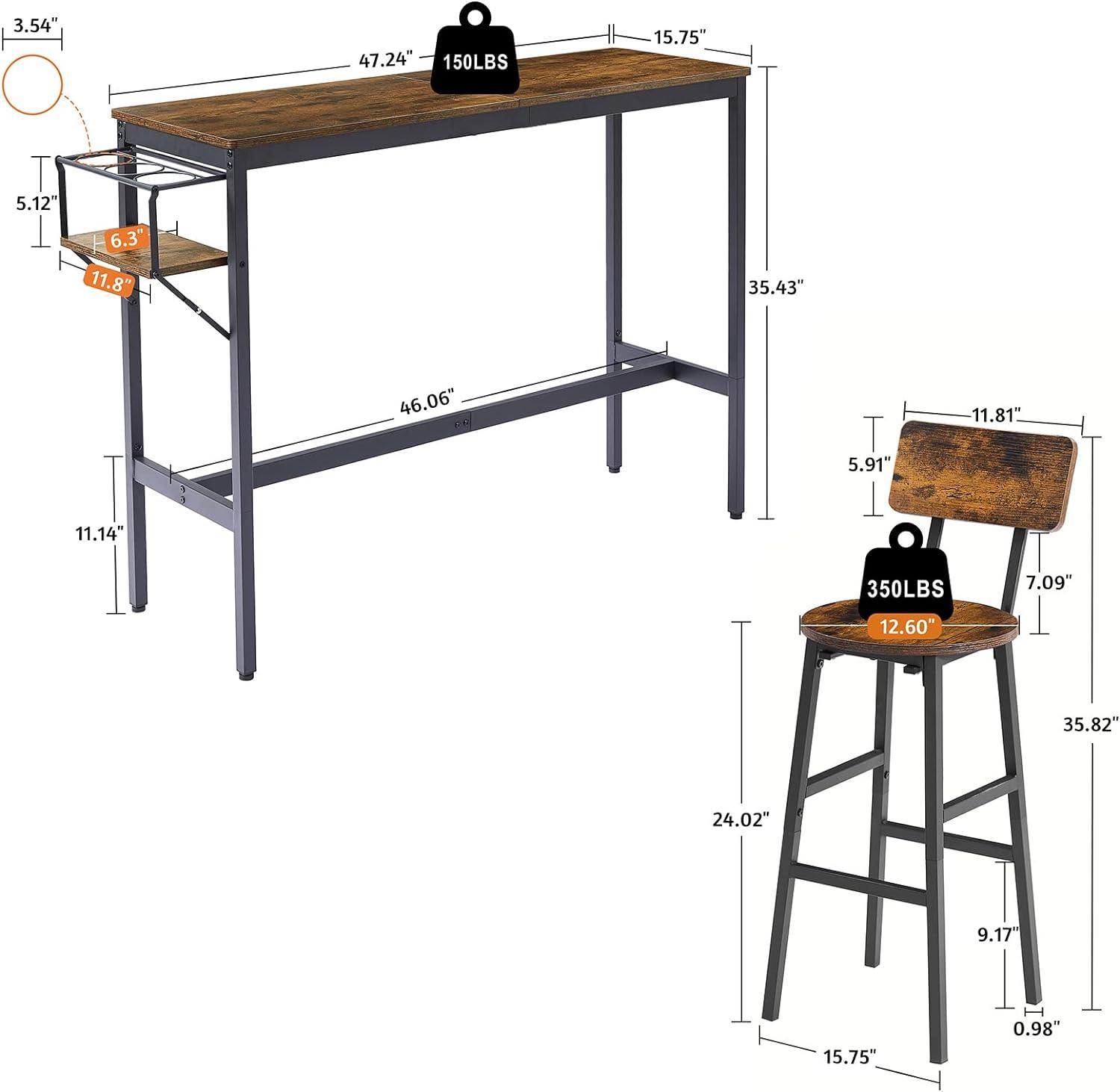 Bar Table and Chairs Set, Industrial Bar Stools Set for 2 with Collapsible Wine