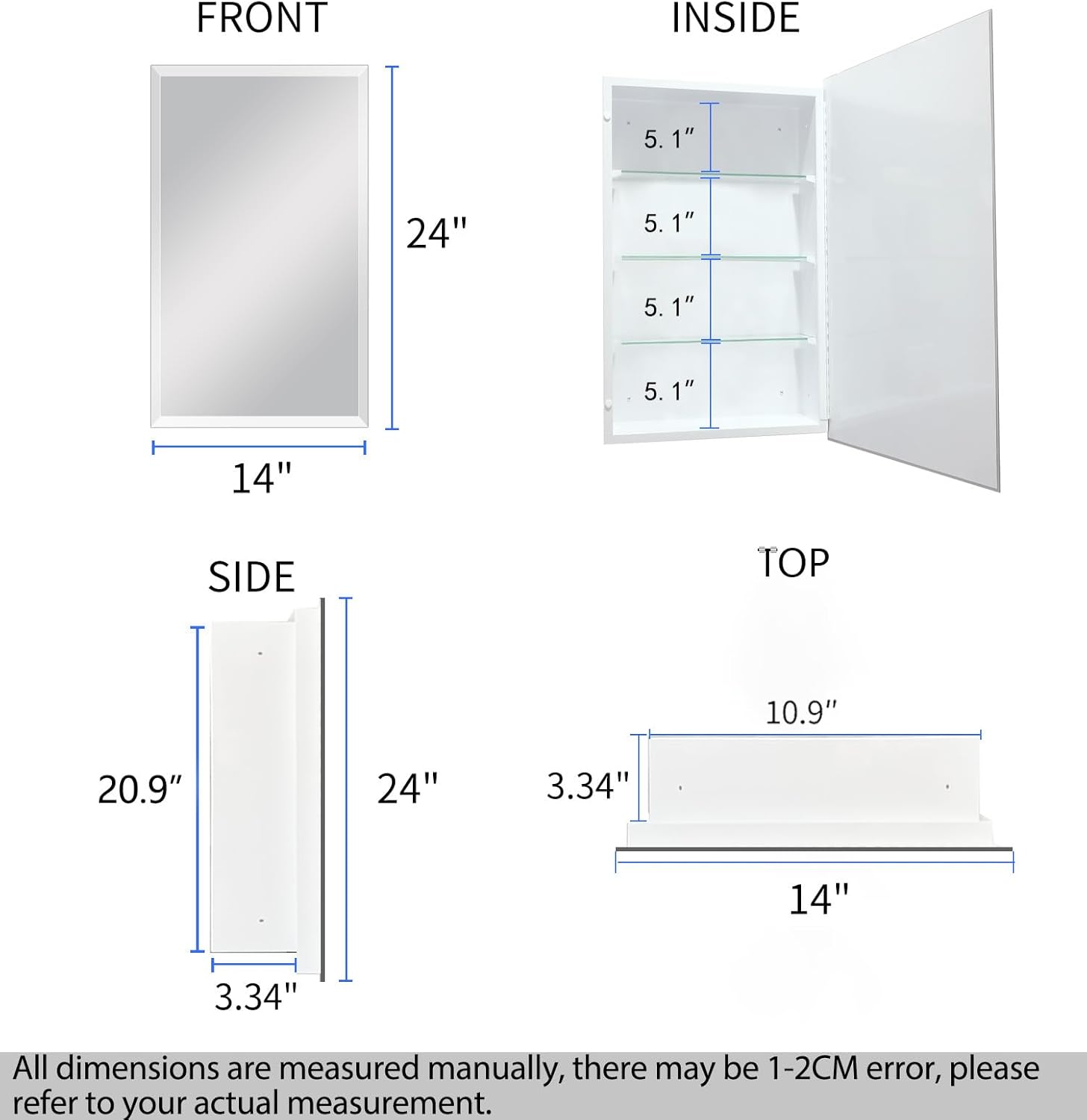 Botiquín de baño con espejo sin marco de 14 x 24 pulgadas, gabinete de espejo...