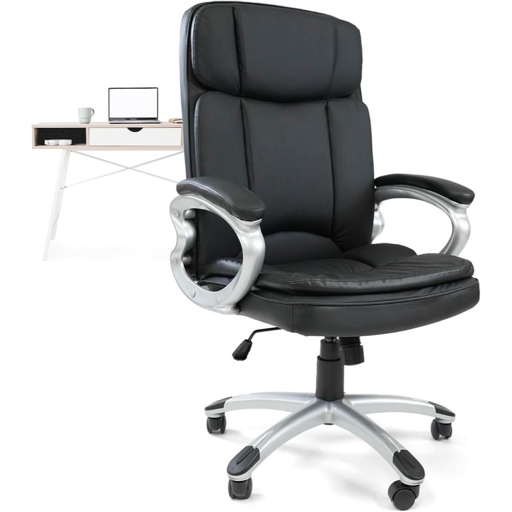 Silla De Oficina Giratoria Ergonómica De Cuero Negro Con Reposabrazos, Elegante, Liventra