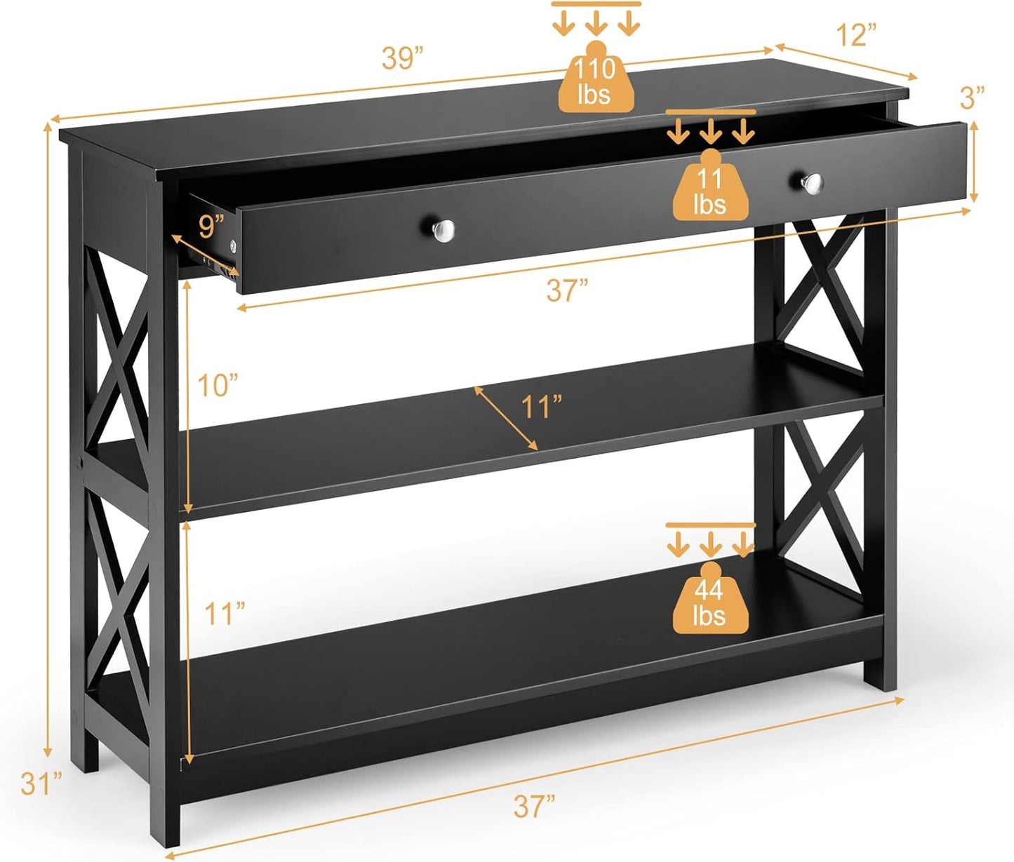 Mesa consola de 3 niveles con cajones y estantes de almacenamiento, mesa de