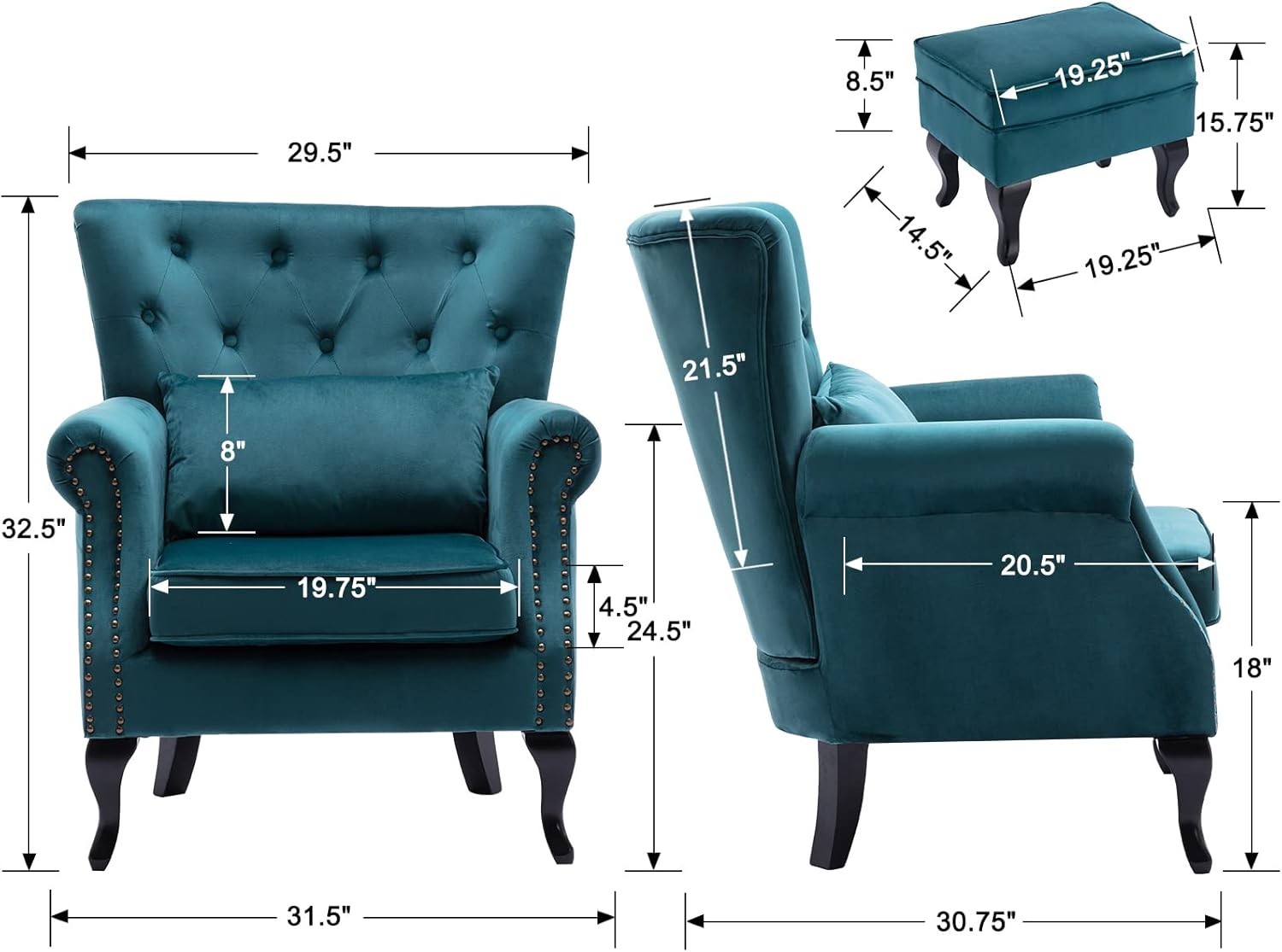 Sillón decorativo con otomana, de mediados de siglo, moderno, respaldo capitoné...
