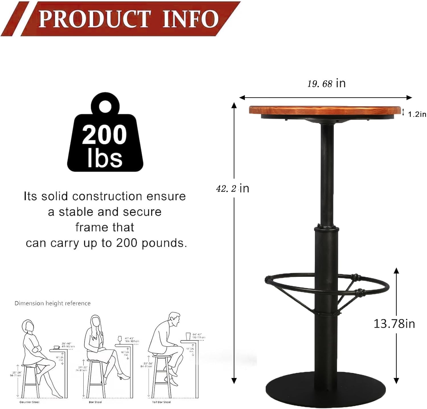 Mesa de bar industrial vintage de 42 pulgadas de alto, barra de metal redonda...