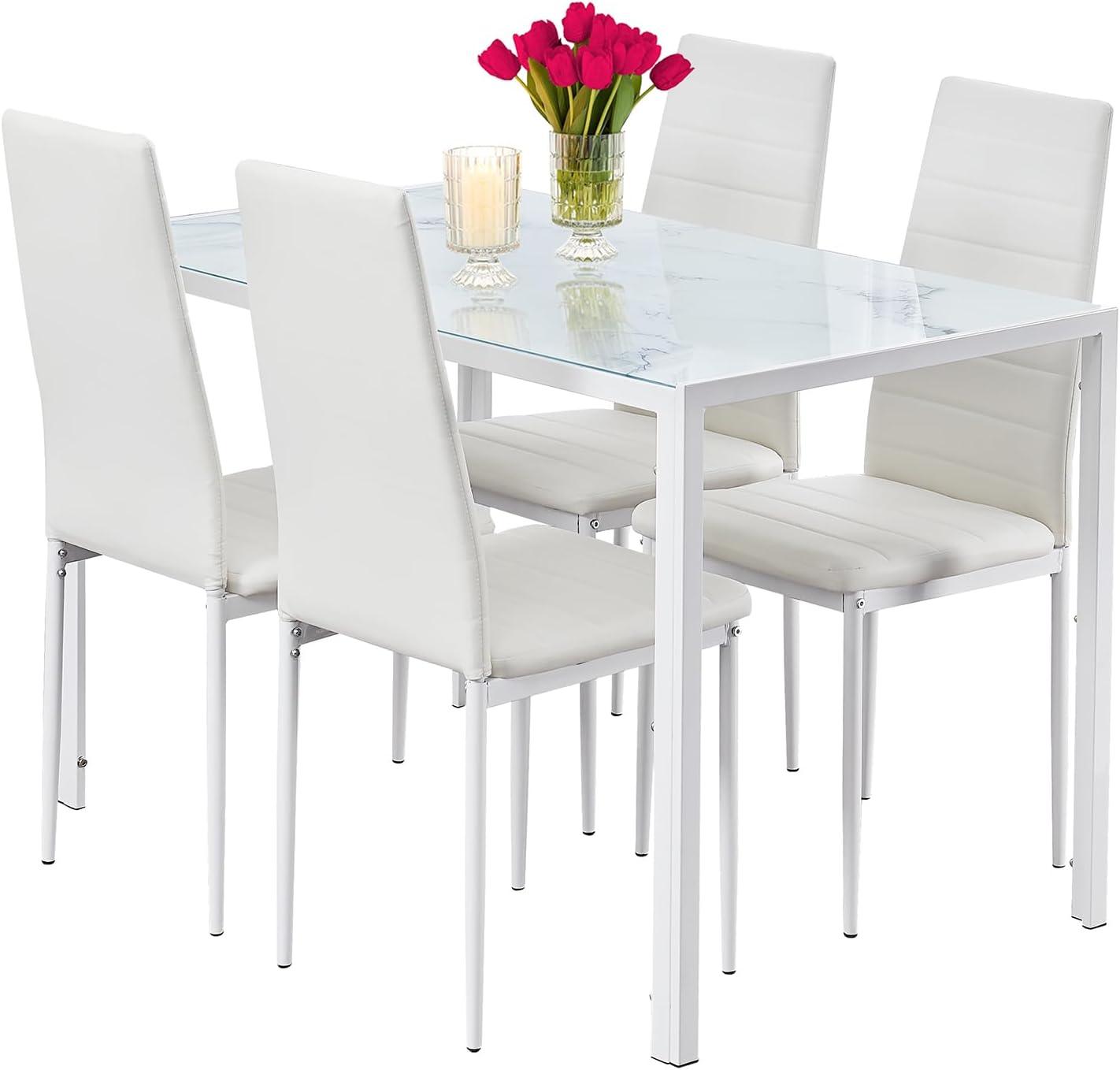 Juego de mesa de comedor de cristal blanco con sillas para 4 mesas de comedor