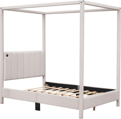 Designs Cama con dosel tamaño matrimonial con puertos USB y tipo C, base de