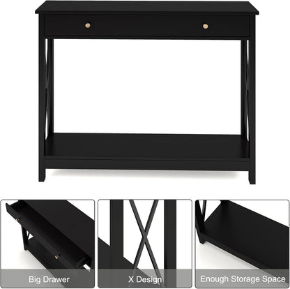 Mesa consola de diseño Oxford con cajón y estantes de almacenamiento, mesa de