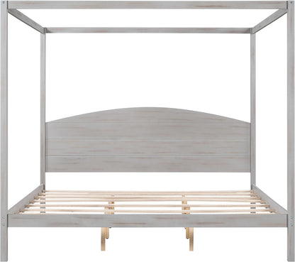 Cama con dosel tamaño King con plataforma de madera con 4 pósters, cabecera y...