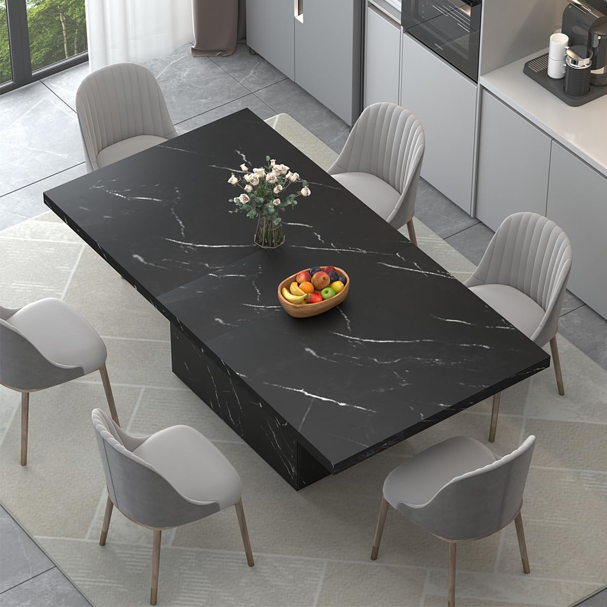 Mesa de comedor moderna negra, mesa de comedor de mármol sintético de granja,