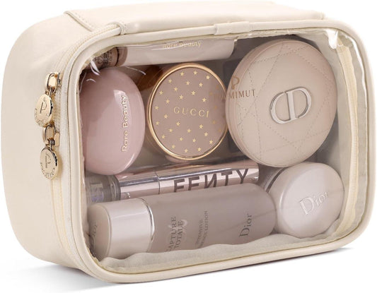 Pocmimut Bolsa de maquillaje transparente, bolsa de cosméticos de piel