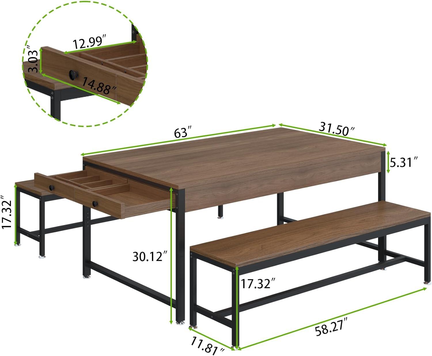 Juego de mesa de comedor de 63 pulgadas para 4-6, mesa de cocina de 3 piezas