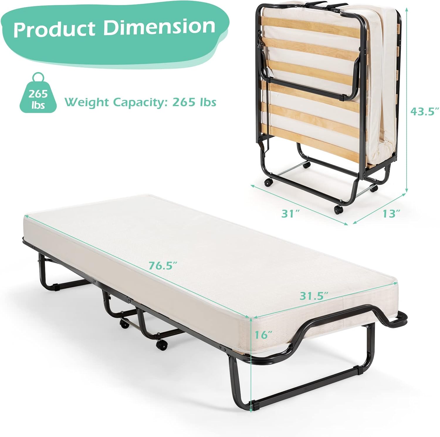 Cama plegable con colchón de 4 pulgadas, cama plegable para invitados con
