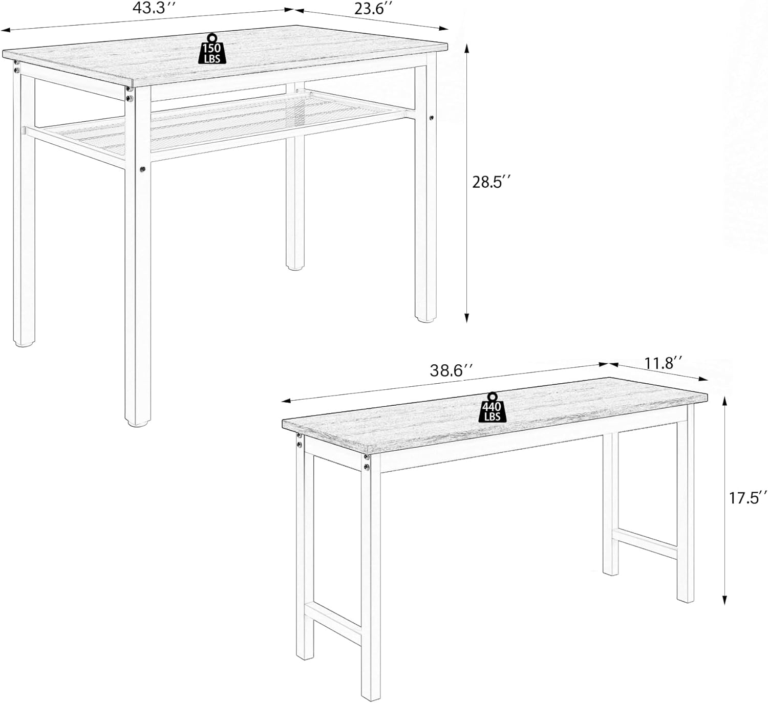 Juego de mesa de comedor para 4 modernos juegos de comedor de granja con 2