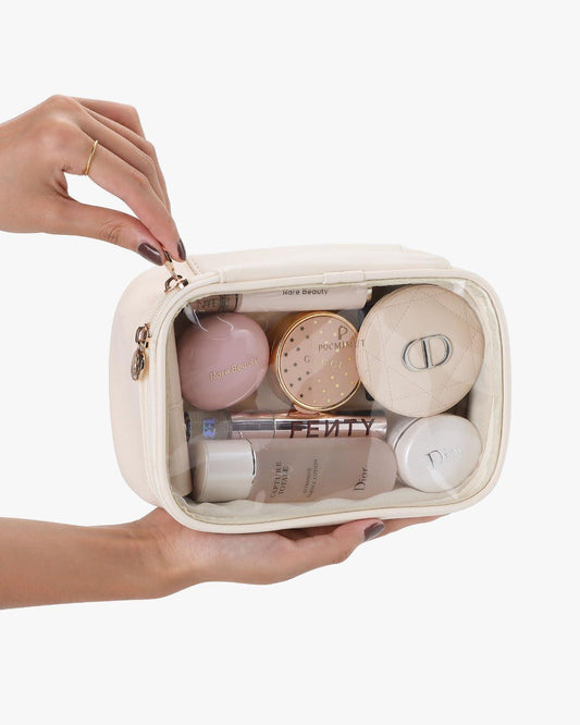 Pocmimut Bolsa de maquillaje transparente, bolsa de cosméticos de piel